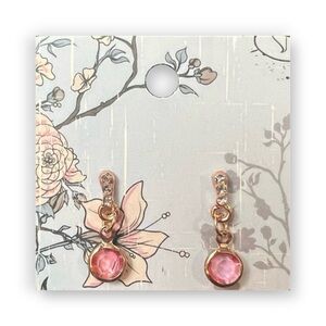 New Pink Crystal Gem Golden Chain Gold Plated Push Back Dangle Earrings